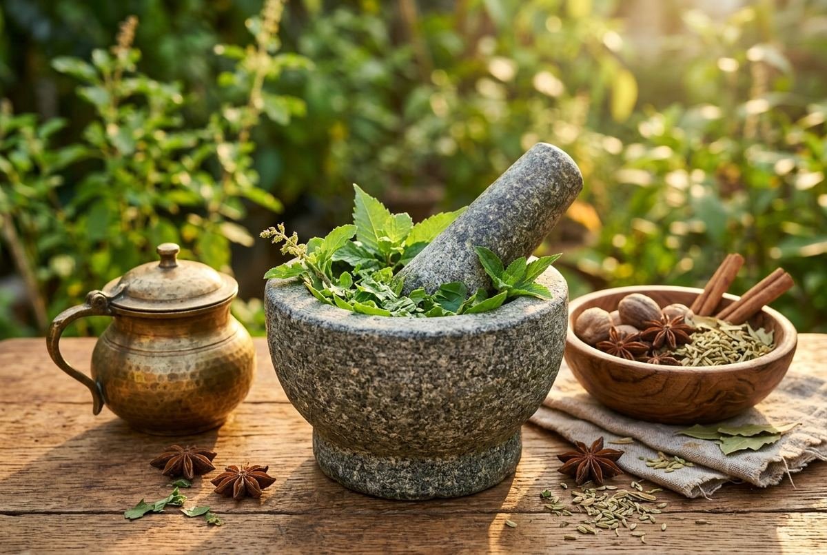 Stone mortar and pestle with fresh Ayurvedic herbs