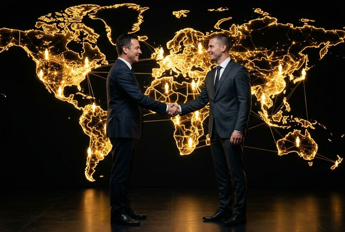 Business partners shaking hands over a glowing global network